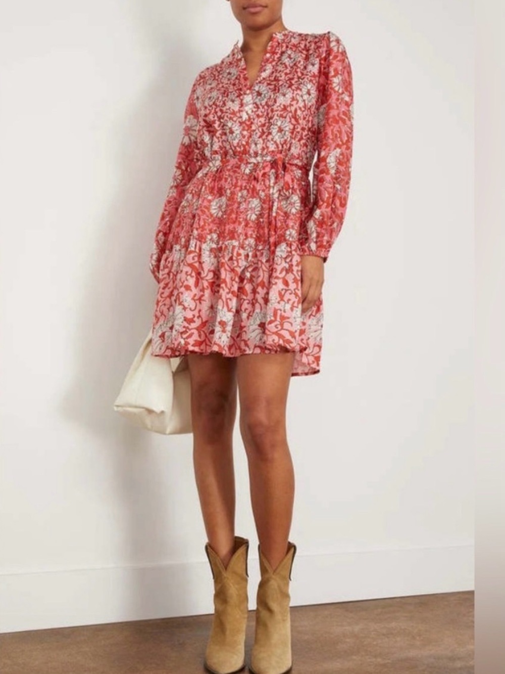 Hannah Red Floral Long-Sleeve Tiered Silk Dress